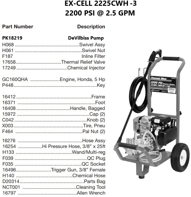 DEVILBISS model 2227CWH-3 power washer parts